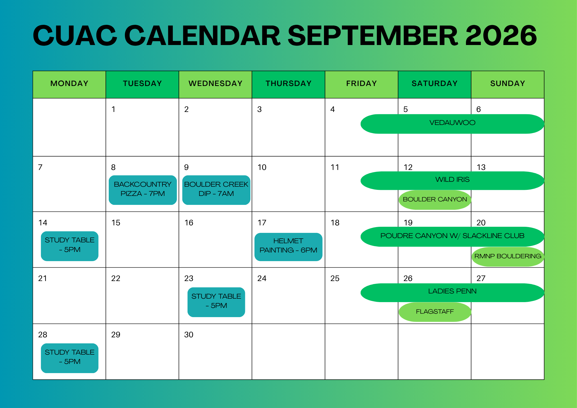 CU Alpine Club September 2026 calendar of climbing trips and social events.