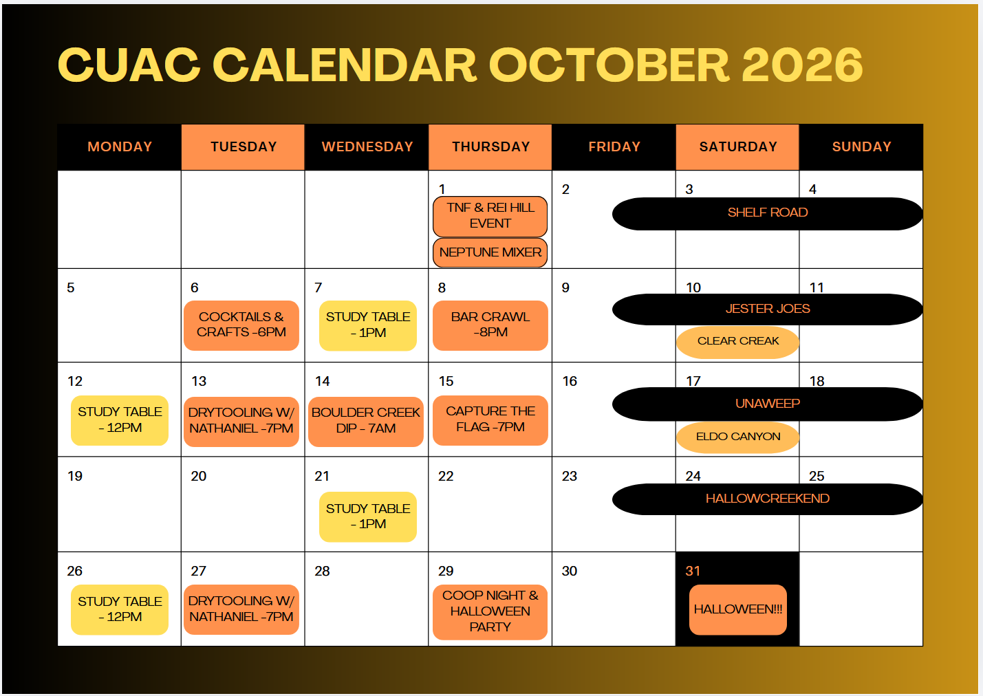 CU Alpine Club October 2026 calendar of climbing trips and social events.