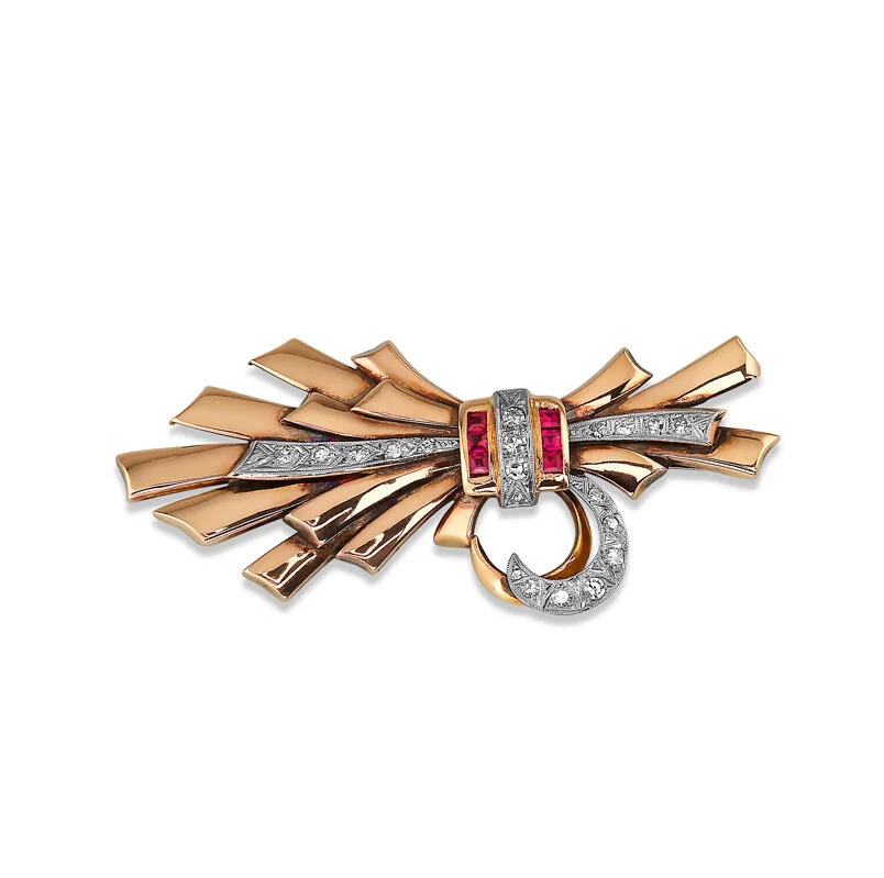 Vintage Rose Gold Diamond & Ruby Shriners Brooch