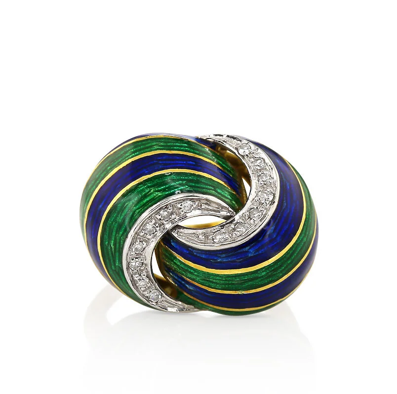 Vintage 18k Gold and Guilloche Enamel Bombe' Ring with Diamonds