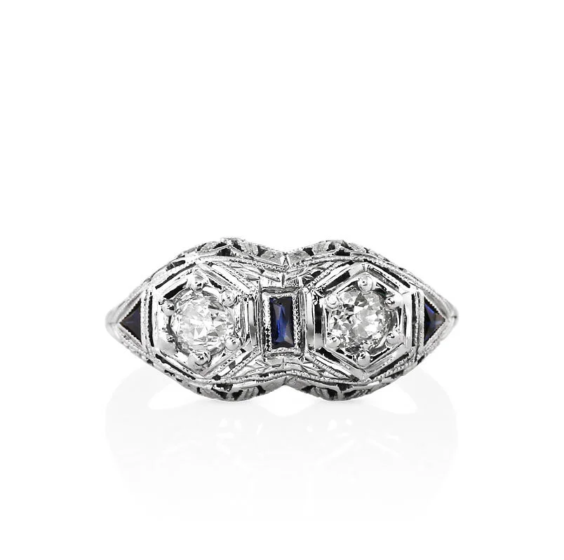 Antique Edwardian Filigree Two Diamond Ring & Sapphire Accents