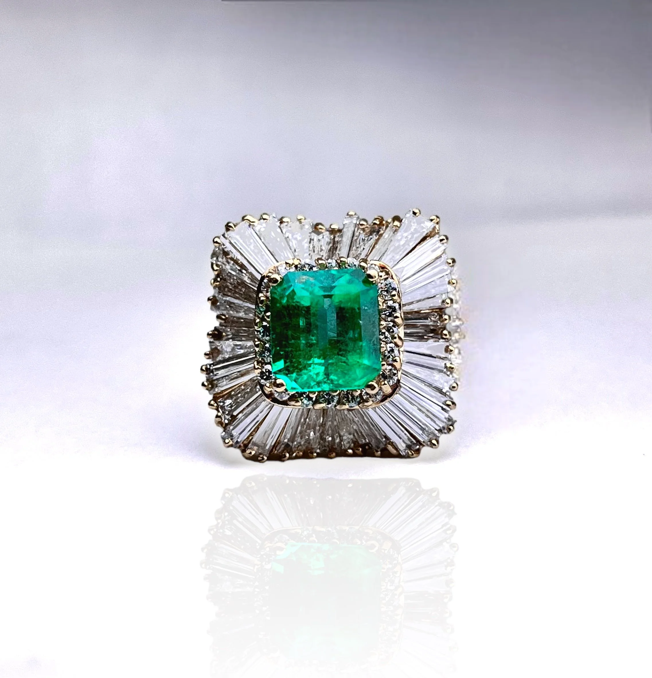 Emerald and Diamond Halo Ballerina Ring