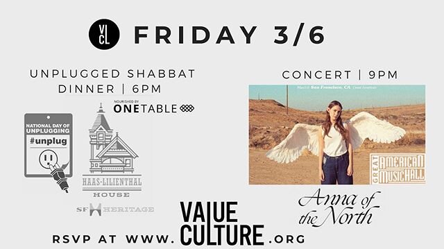 Our first SF Shabbat experience of the year will be a special one. Two venues, a mansion, a historic music hall, a super pop star, open bar unplugged shabbat dinner, A++ guests, it&rsquo;s so SF even the price is 7x7. Tickets available on @onetablesh