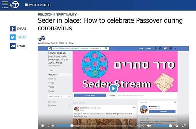 Thank you to @abc7newsbayarea for featuring #sederstream and @sederstreamfest ! @koshadillz  and I are just doing our part during these times. #staysafe #passover2020