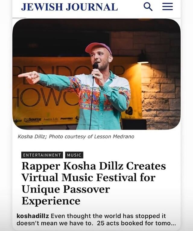 @koshadillz tells the @jewishjournal all about @sederstreamfest  today on the front page! @ivalueculture &ldquo;It&rsquo;s almost show time ! Dayenu! Get down Moses!&rdquo; #sederstream #passover2020 #jewishjournal #koshadillz #valueculture #livestre