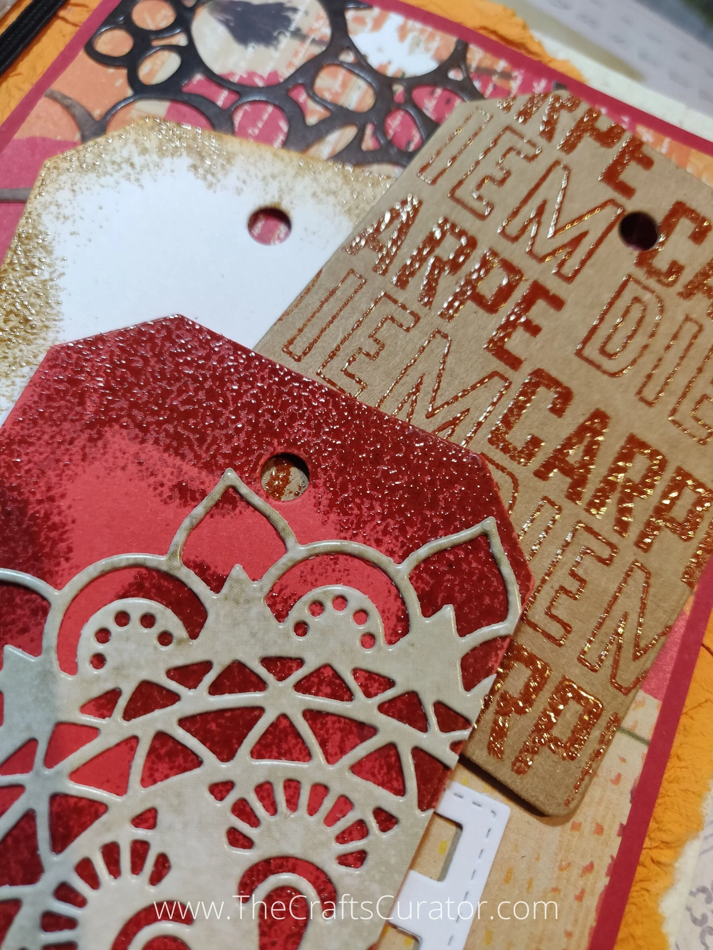 Junk journal details using Elizabeth Craft Designs dies and stamps and Tim Holtz Distress embossing glazes