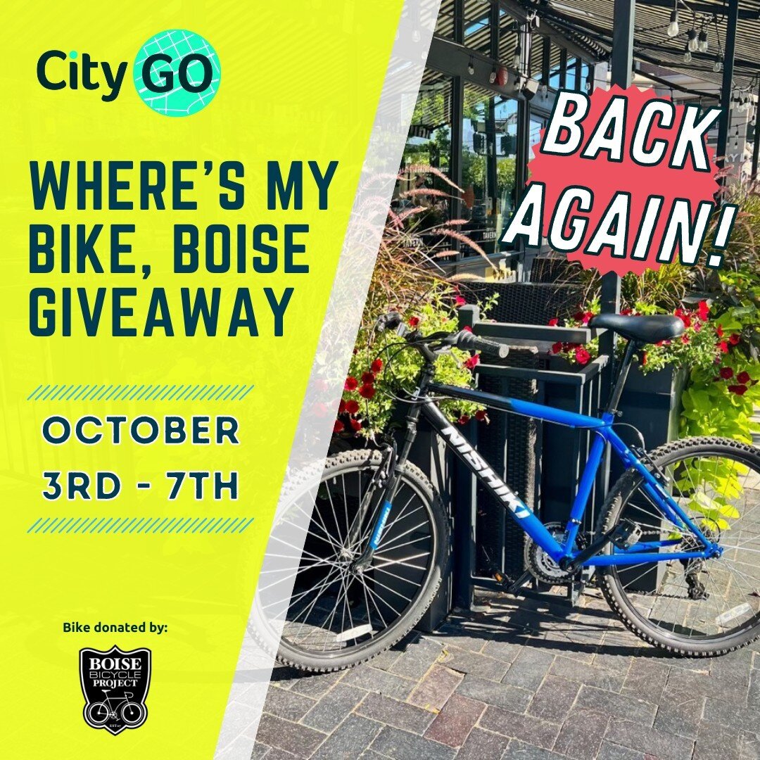WE'RE BRINGING IT BACK! 🚲

Our third hide-and-seek bike giveaway, Where's My Bike Boise returns next month from  October 3rd through 7th.

During the week of October 3rd through 7th, we hide a sweet, slammin' ride donated by Boise Bicycle Project (@