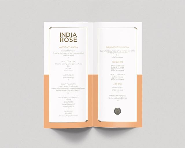 From the archives &mdash; Inspired by Parisian menus, this brochure was designed for @indiarosecosmeticary's makeup services. I tied in India's brand colour coral, along with gold that match her store's beautiful gold accents throughout. The shopping