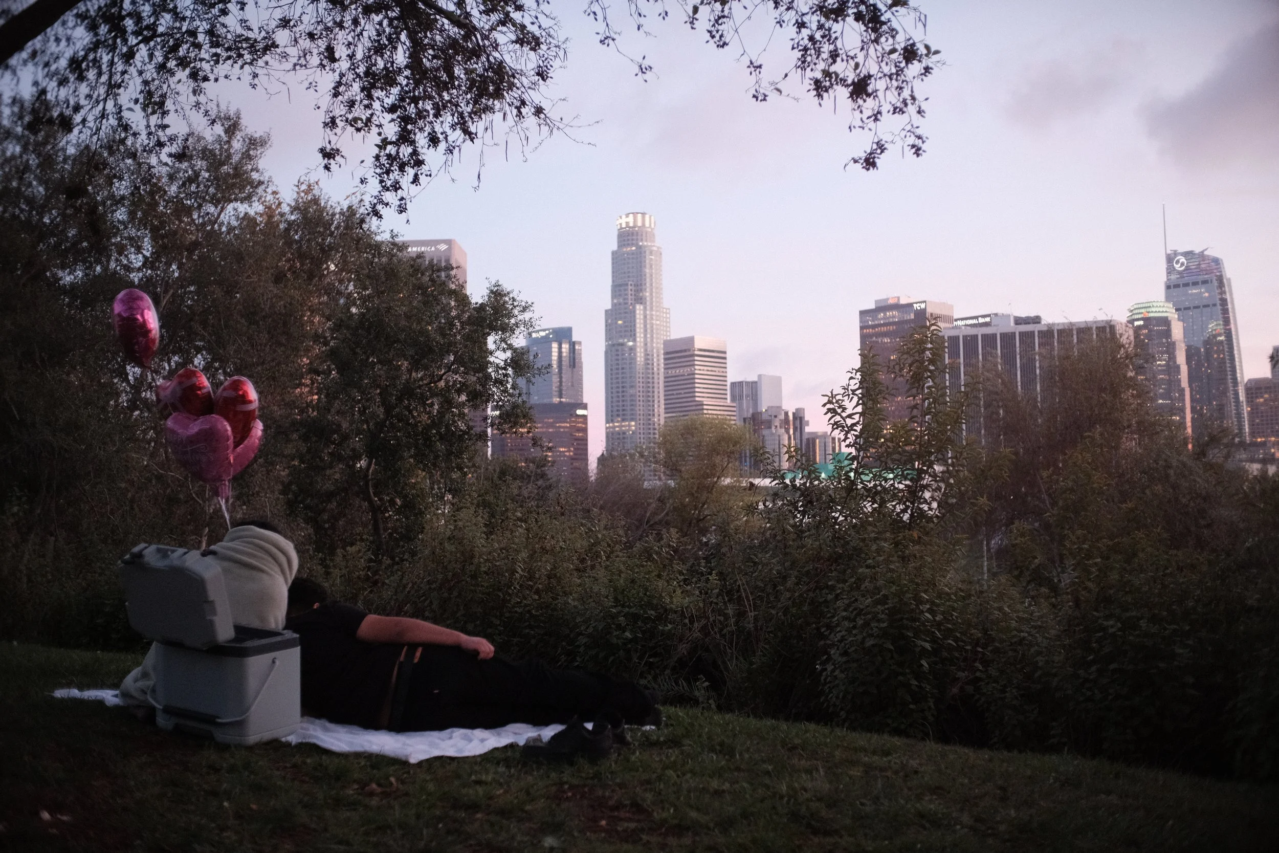 Person sitting on a blanket in a park during dusk, holding helium balloons shaped like hearts and stars, with city skyscrapers in the background.