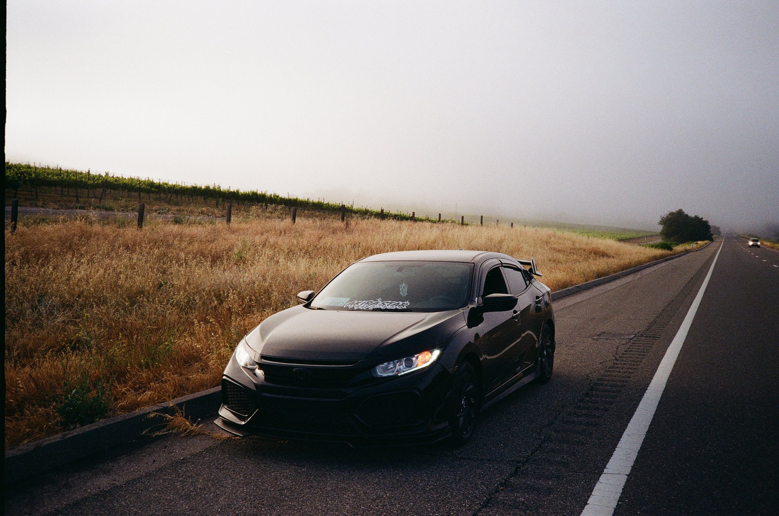 A black car parked on the side of a rural highway with dry grass and vineyard on the hillside during foggy weather.
