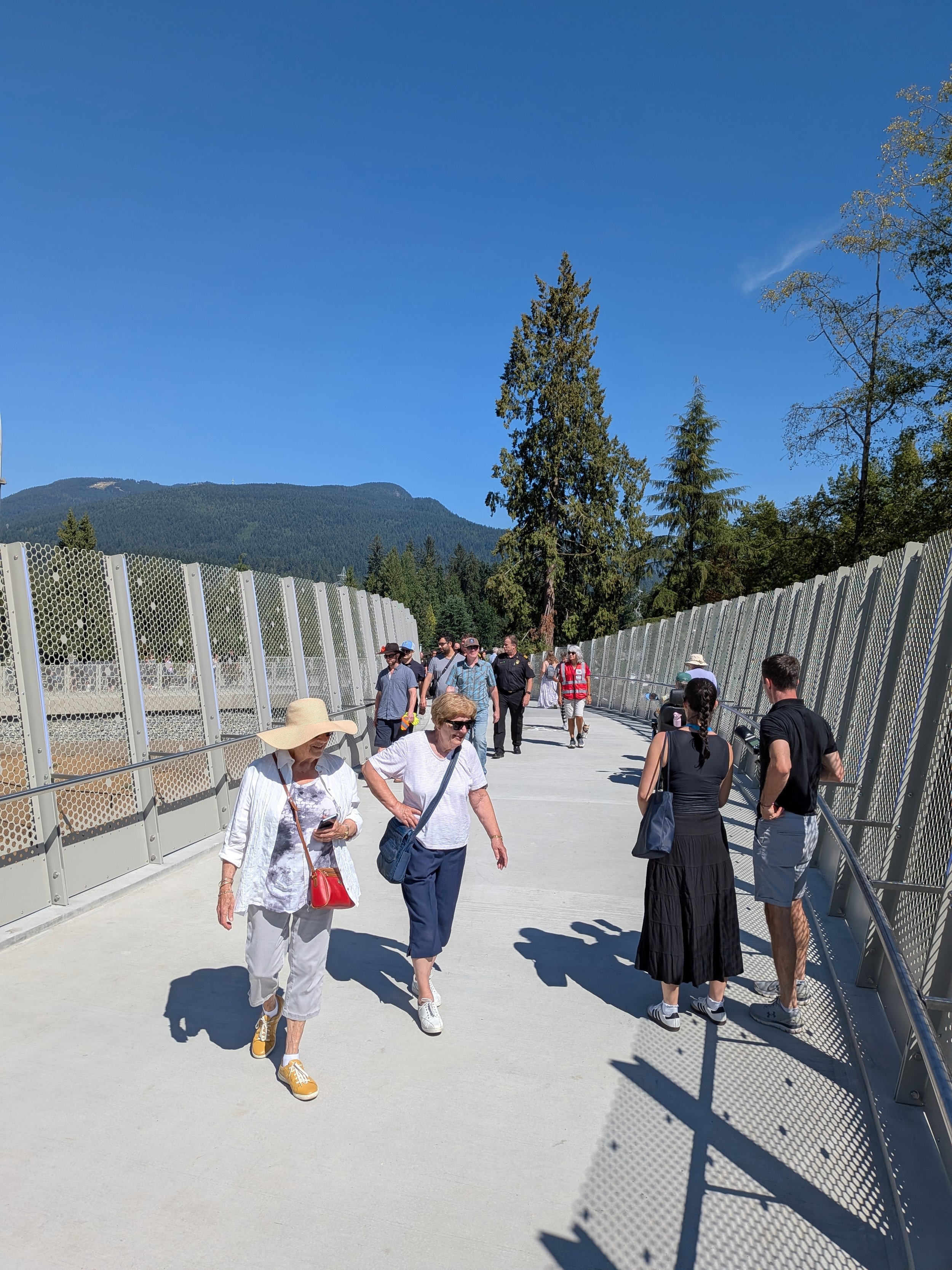 People walking across a wide, fenced pedestrian bridge on a sunny day, with forested mountains behind.