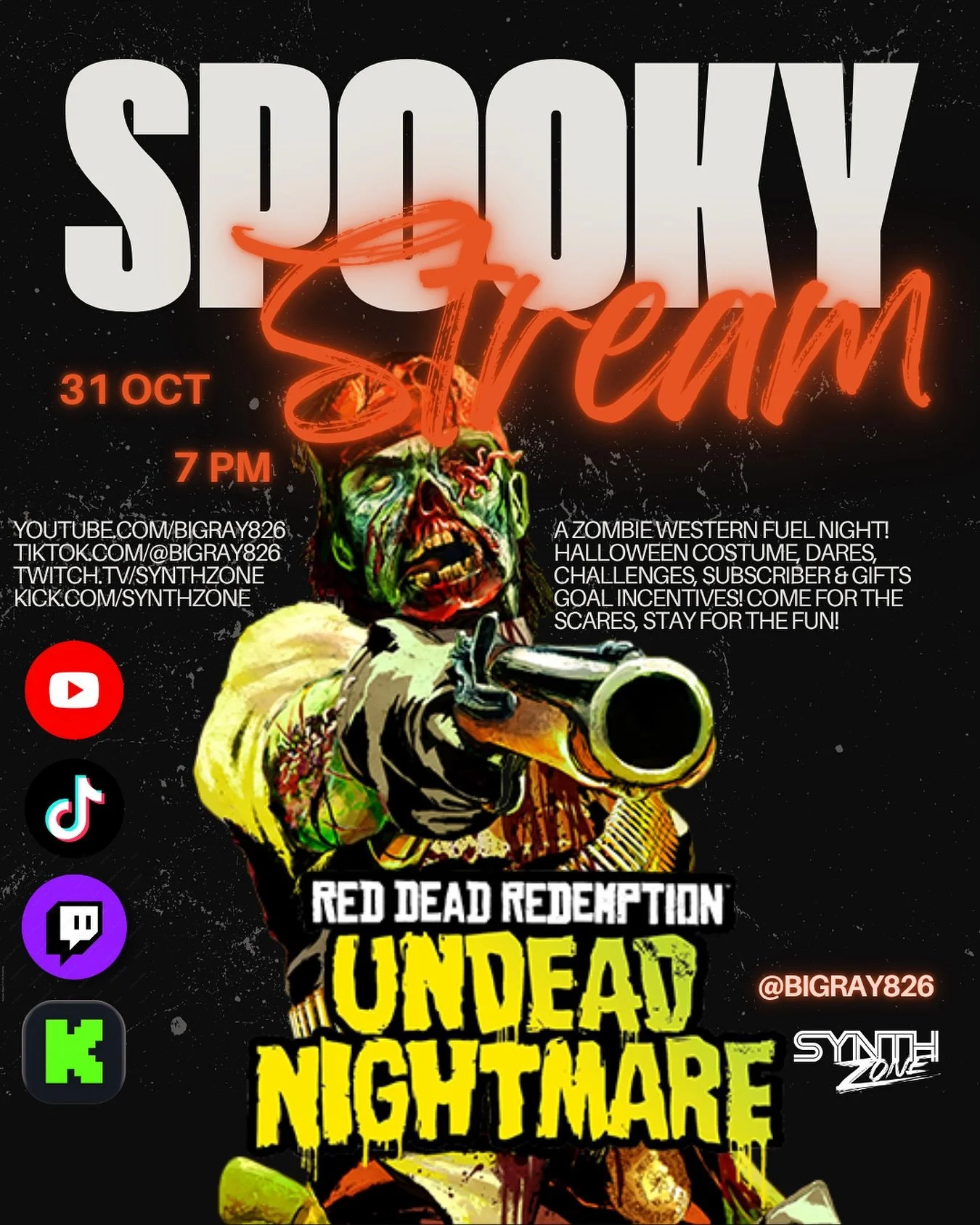 Halloween Stream! 🎃🧟&zwj;♂️ Voted by the viewers, we&rsquo;re diving deep into the western of zombies, monsters, and mythical beasts on Halloween Night! Hope to see you there! twitch.tv/synthzone #twitch #tiktok #reddeadredemtion #undeadnightmare #
