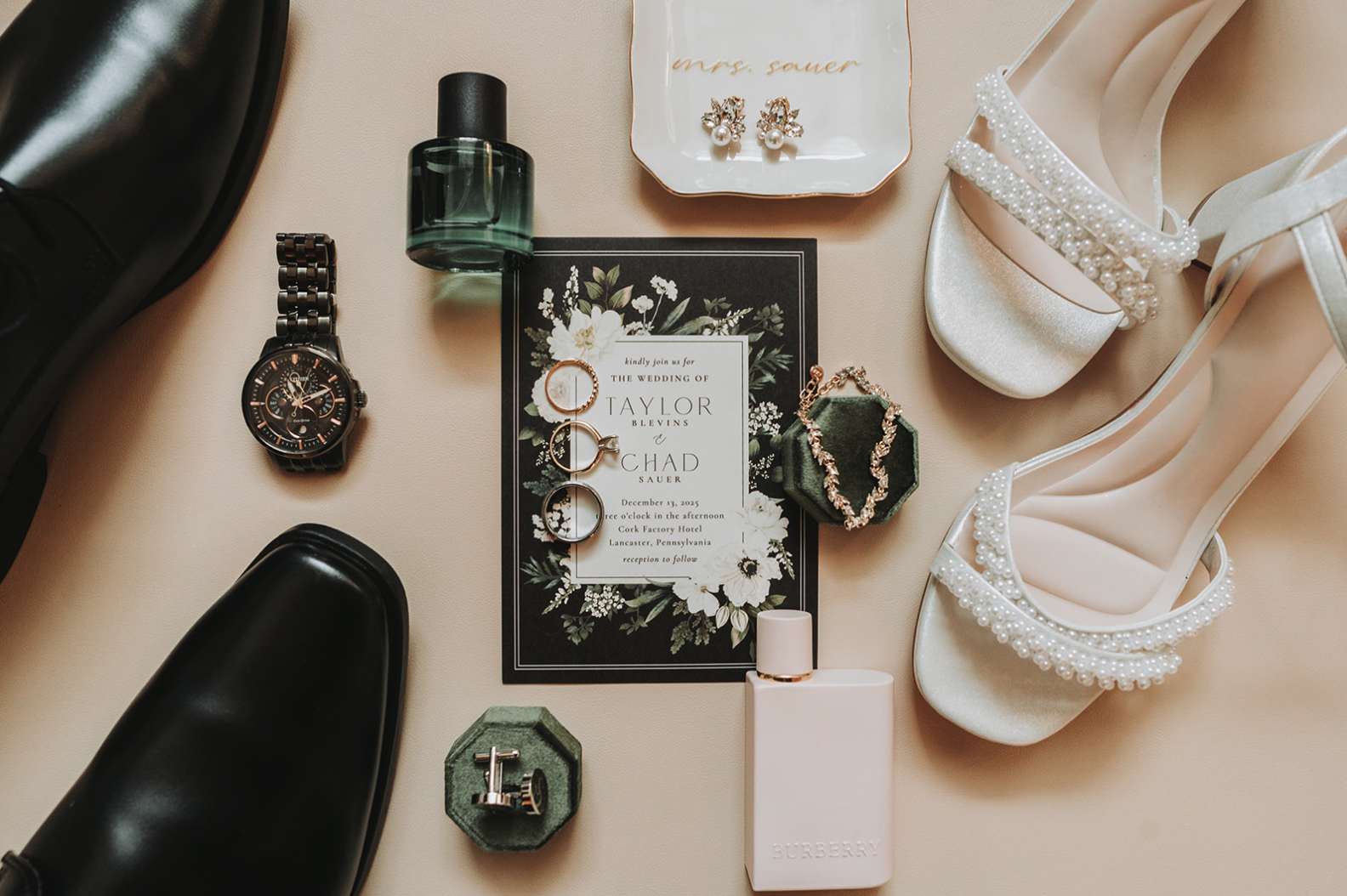 Lancaster PA wedding bride and groom detail flat lay.