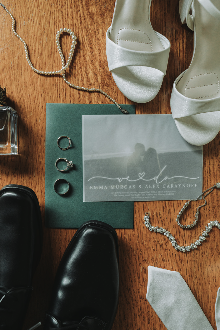 Bride and Groom details flat lay.