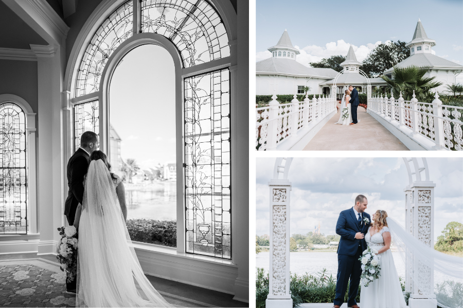 Disney's Wedding Pavilion ceremony with Cinderella Castle view at Walt Disney World.