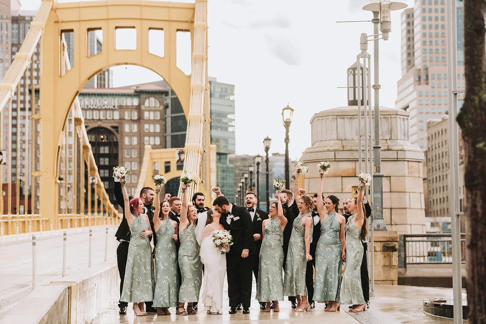 Westin Pittsburgh wedding with bridal party on Clemente bridge.