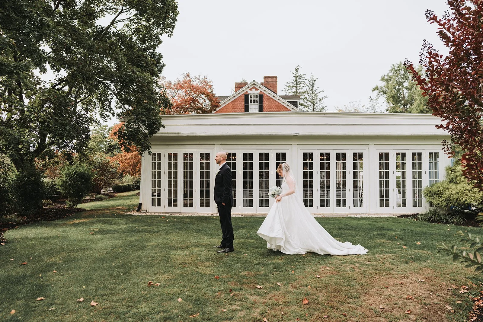 Intimate wedding first look moment.