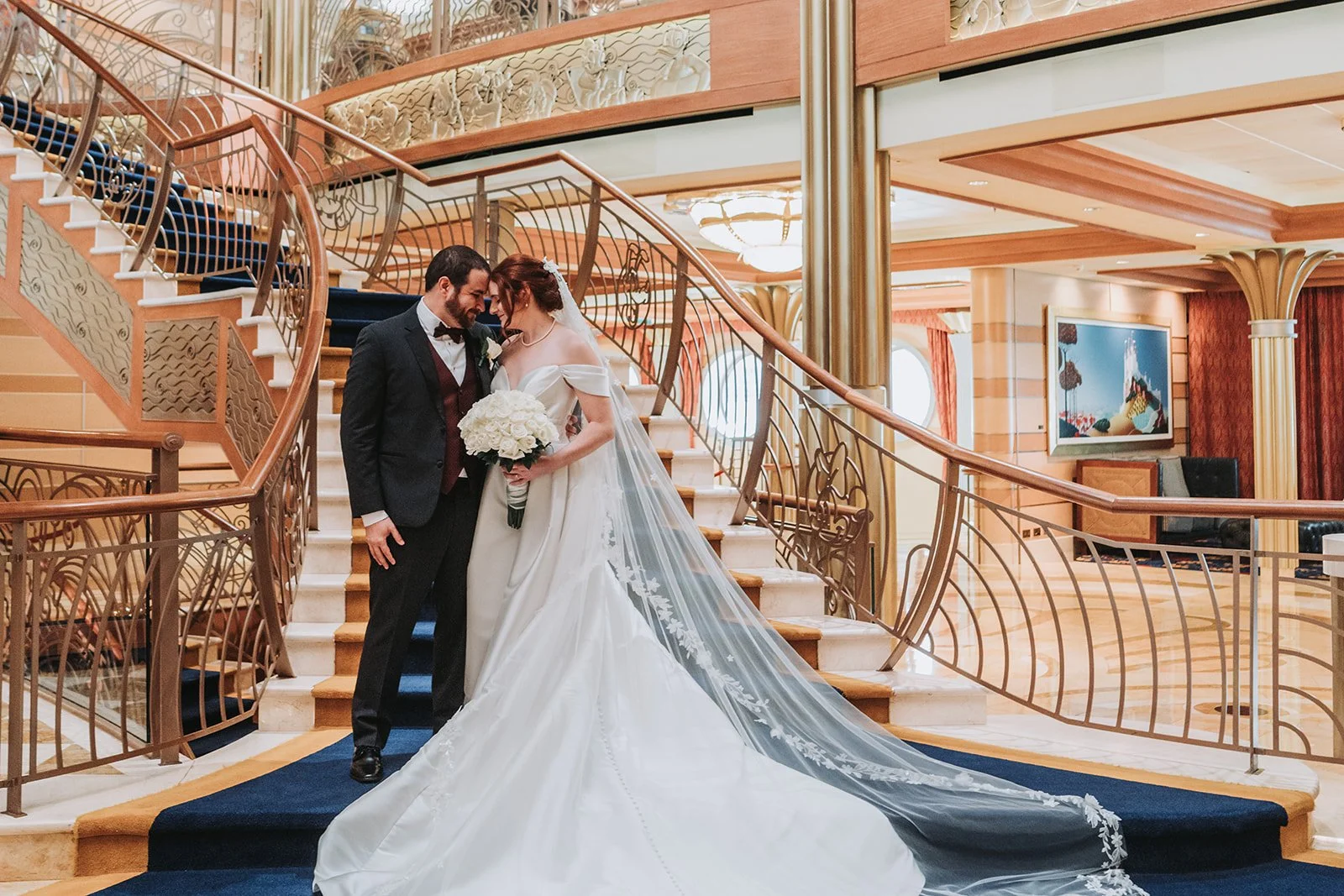 Disney Dream Atrium Staircase Wedding portrait.