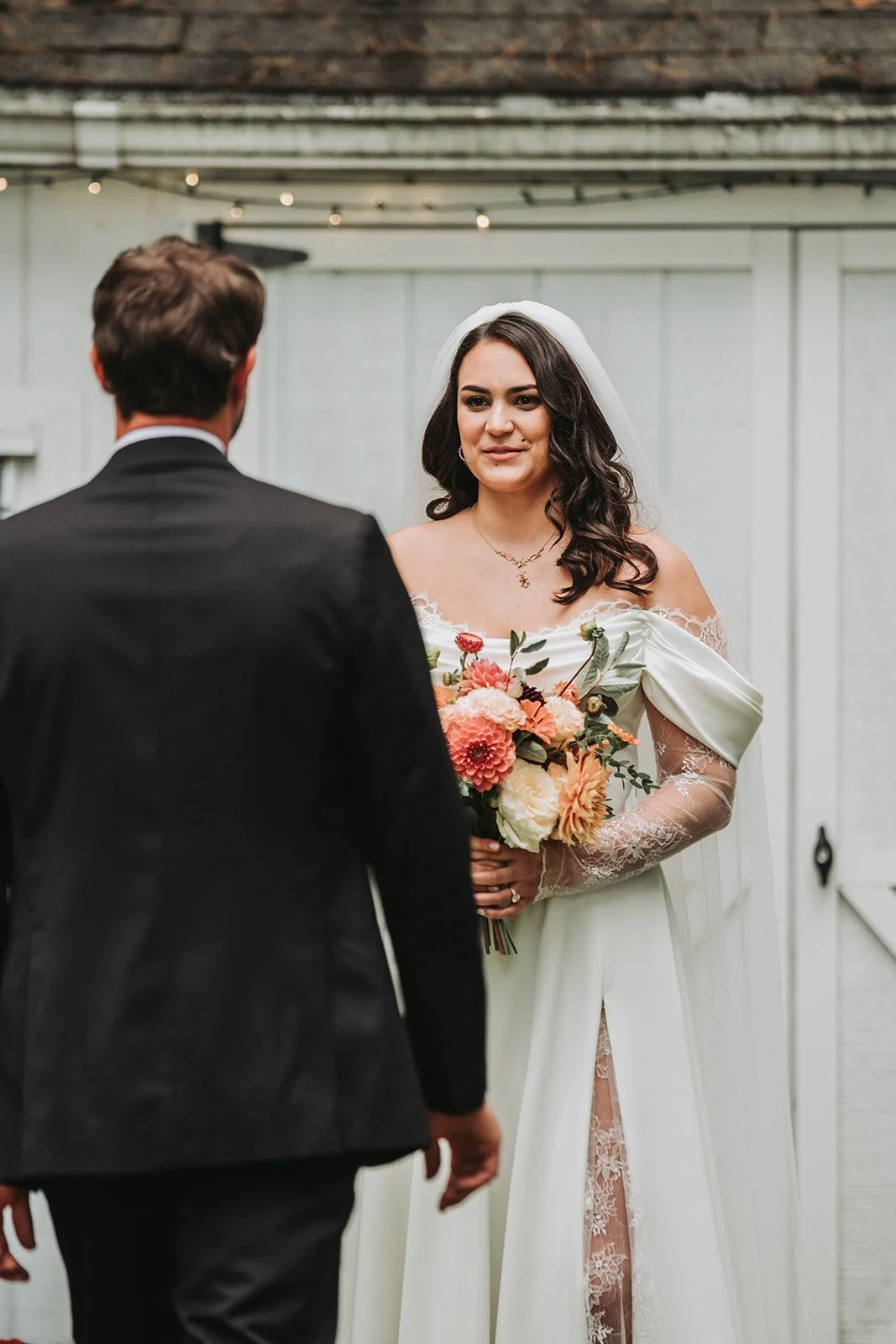 Bride and groom first look wedding photo.