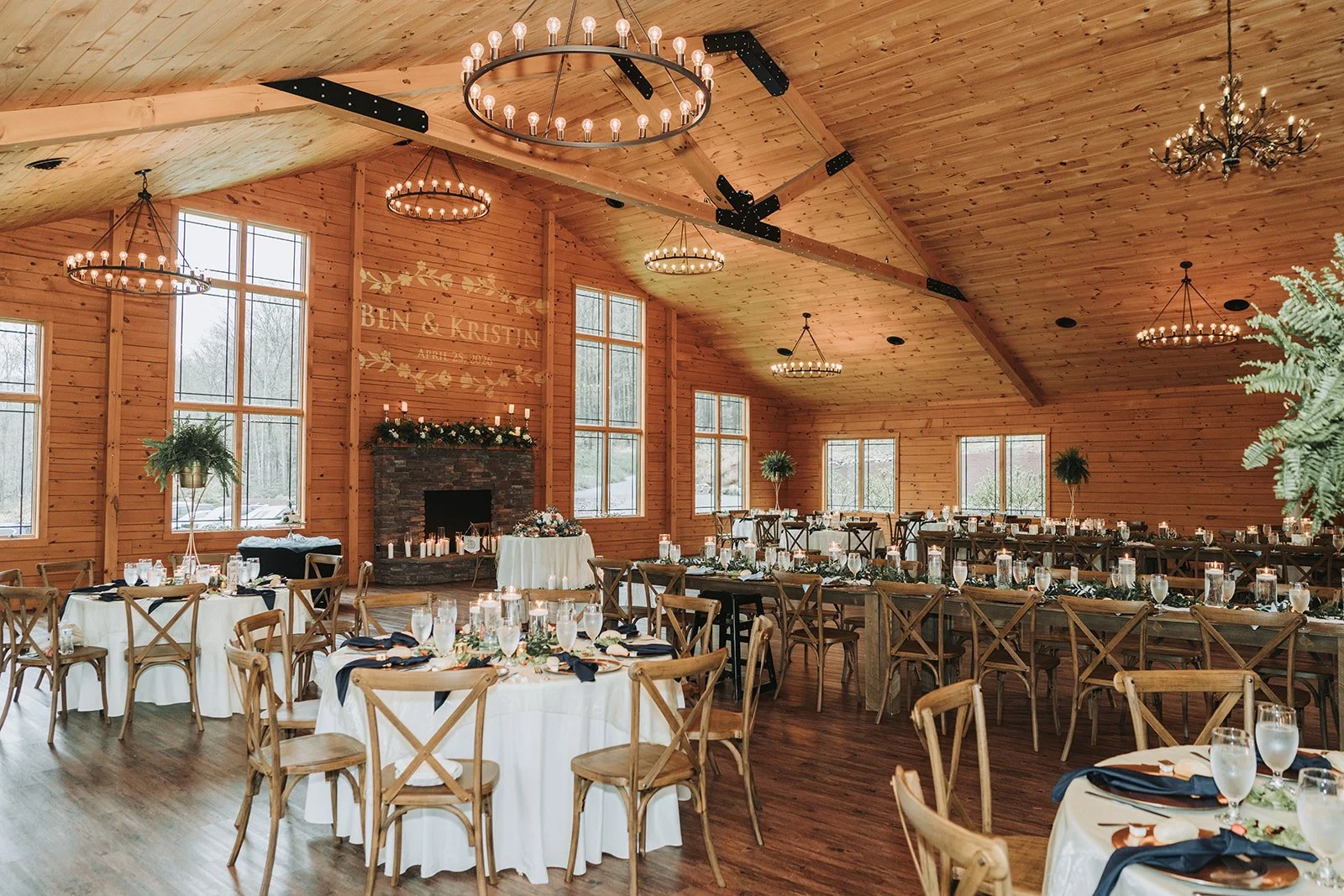 Rolling Rails lodge wedding reception decor.