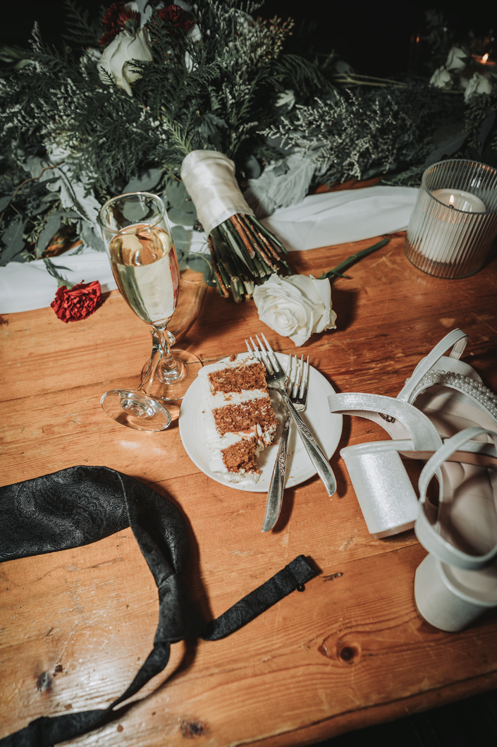 Central Pennsylvania wedding reception end of night flat lay.