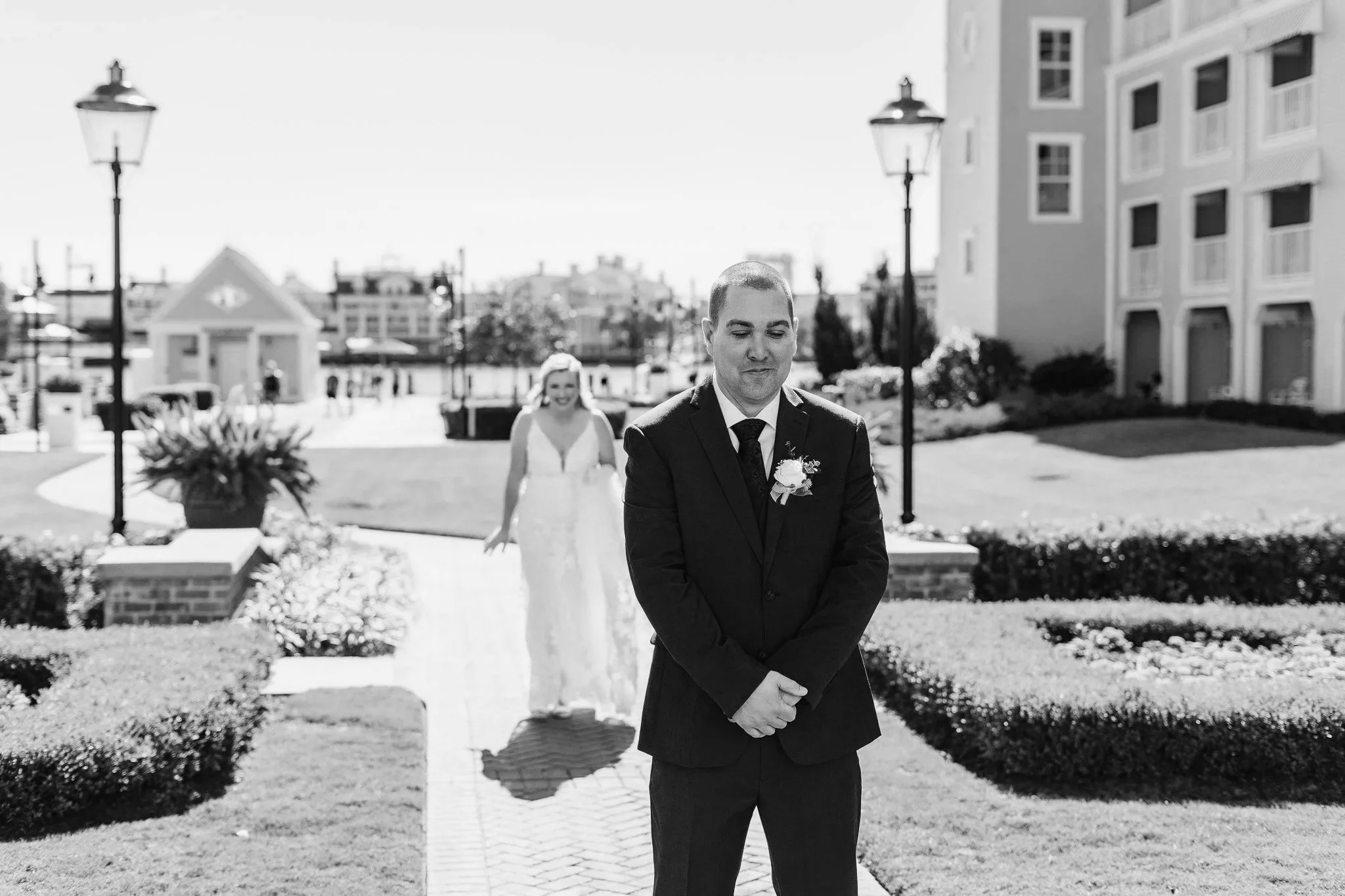 First look at Disney's Yacht Club Resort before Swan and Dolphin wedding ceremony.