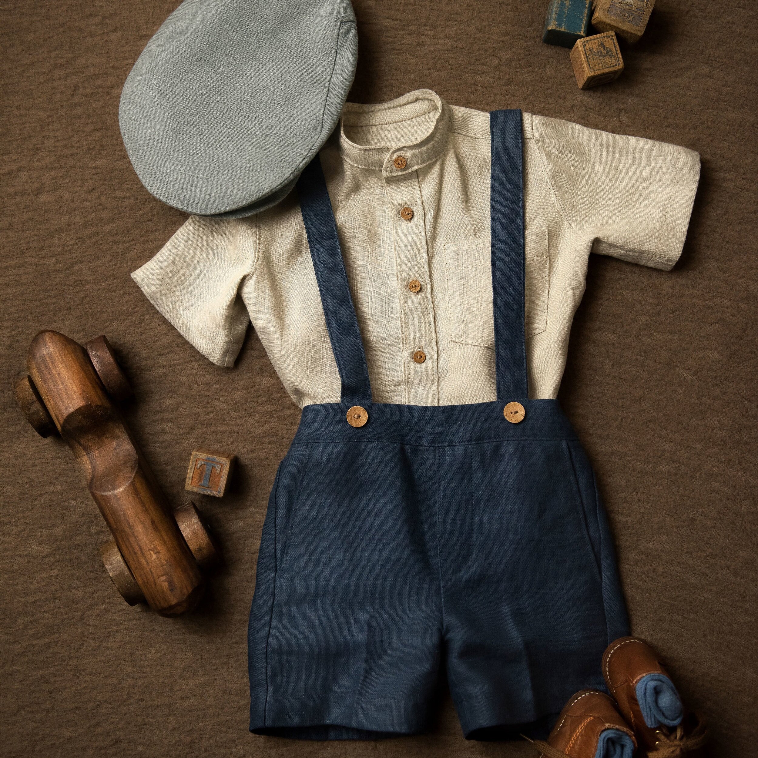 linen suspender shorts boy