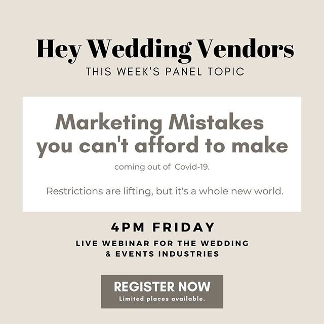 I am here to serve you! ⁠⠀
This week's Webinar topic is all about how to market and grow your wedding business out of Covid-19.⁠⠀
.⁠⠀
OK, let's start with the real and honest stuff. Times are tough. We're all hurting. That's why marketing our busines