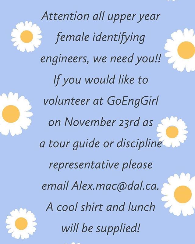 Go Eng girl needs some volunteers!! If you aren&rsquo;t already aware of what the event is, it&rsquo;s an outreach program put on every year for female high school students to get the interested in Engineering! It&rsquo;s an awesome way to get involv