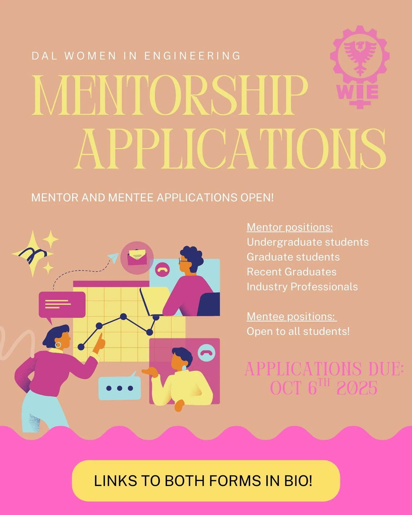 We are so excited to announce that applications for the Dalhousie Women in Engineering Mentorship Program are now open!🙌🙌

This is an incredible opportunity to meet new women in engineering, gain insight into upper-year experiences, and have some o