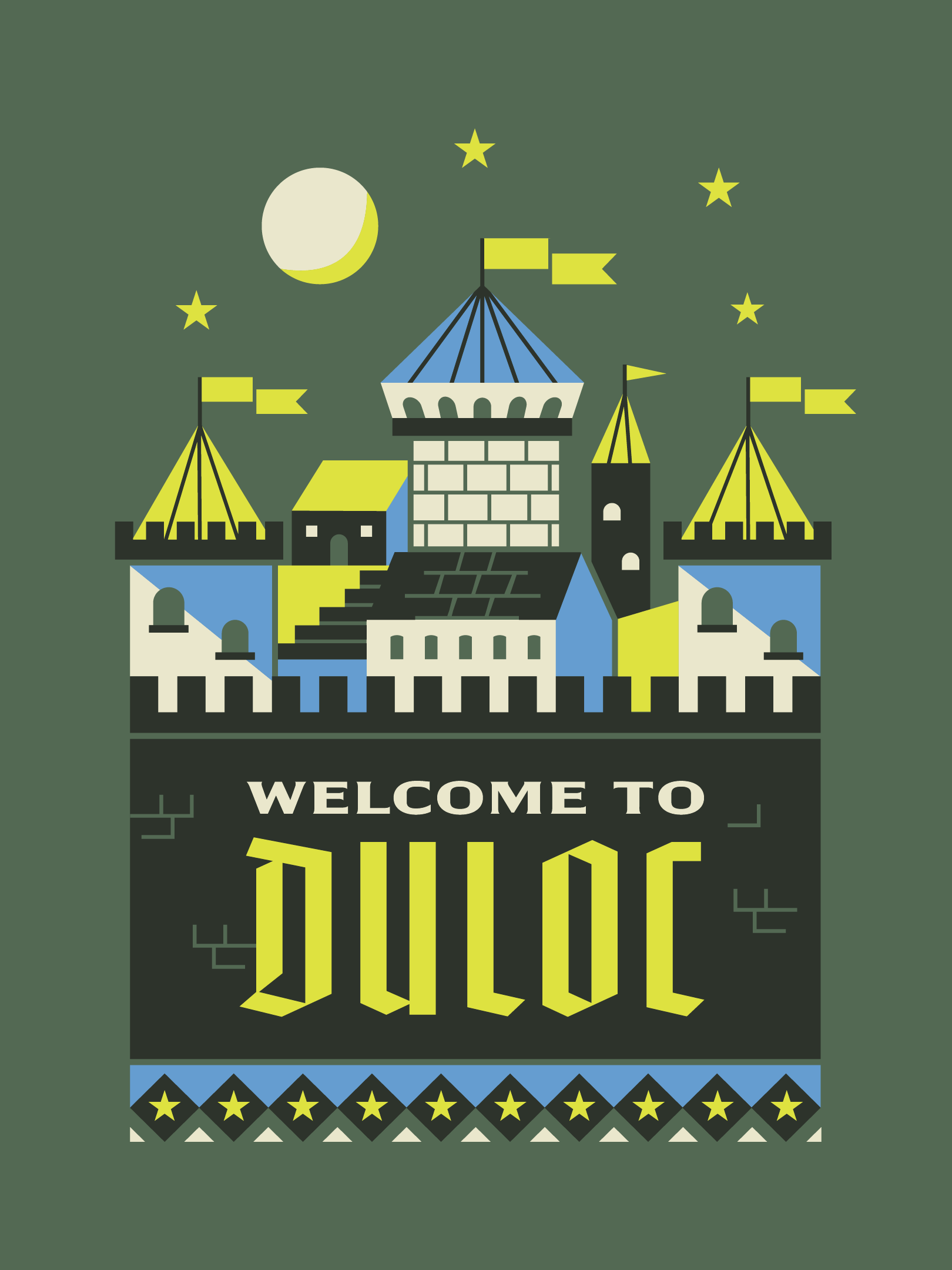 Geometric illustration of a fairytale castle sits above the words "Welcome to Duloc" 
