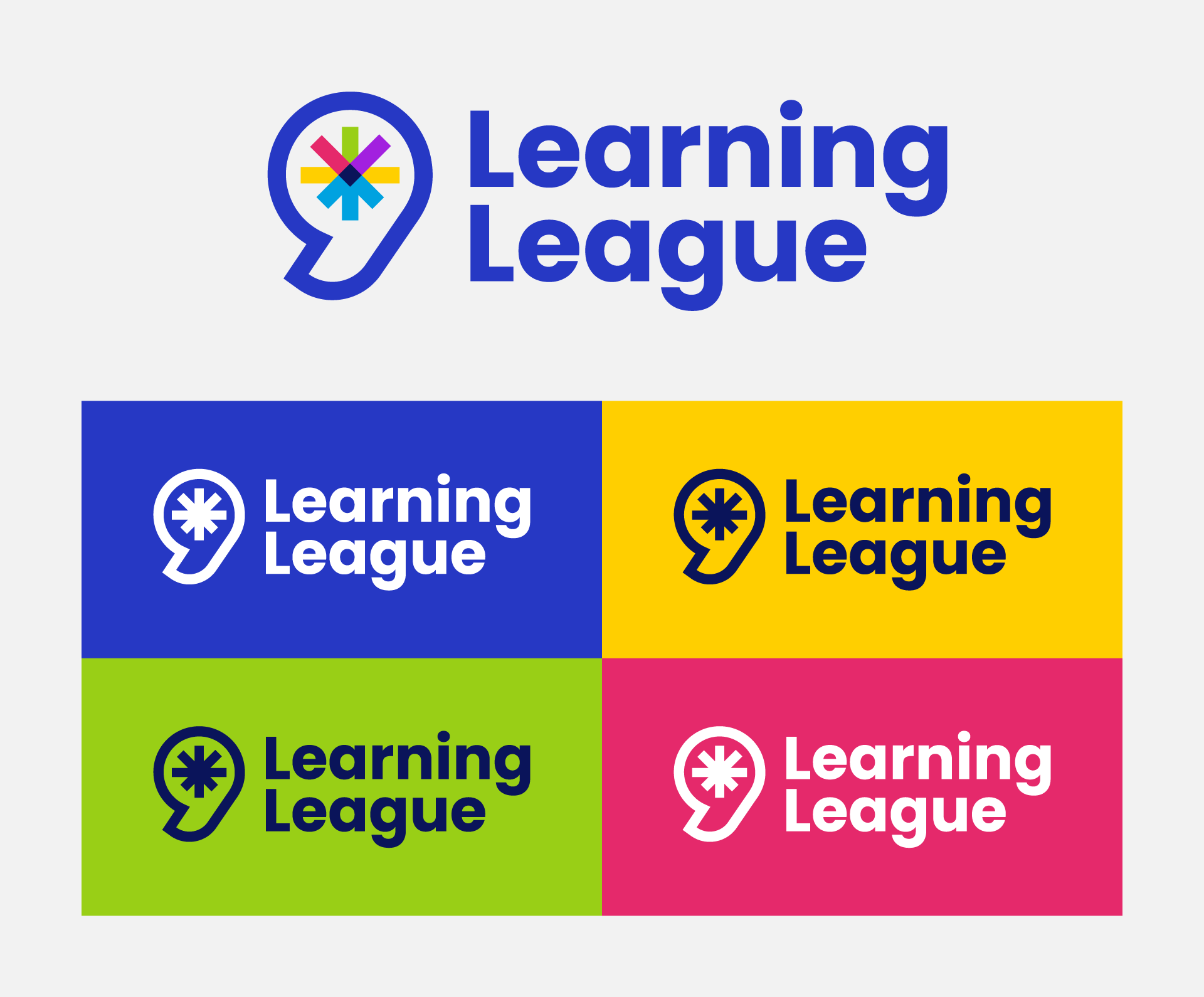 Image shows the Learning League logo in various colors on different brand backgrounds
