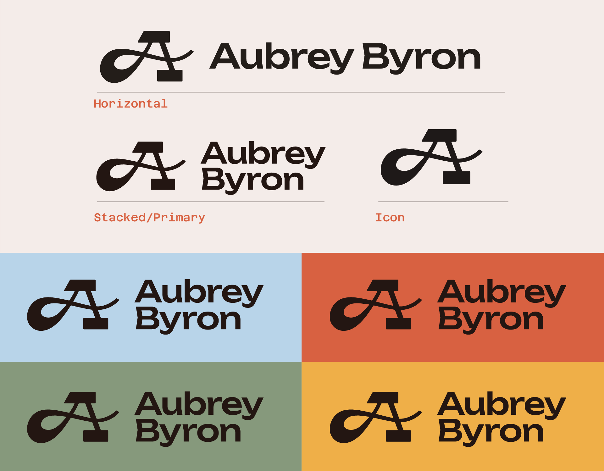 The logo suite for Aubrey Byron's brand are displayed in various colors