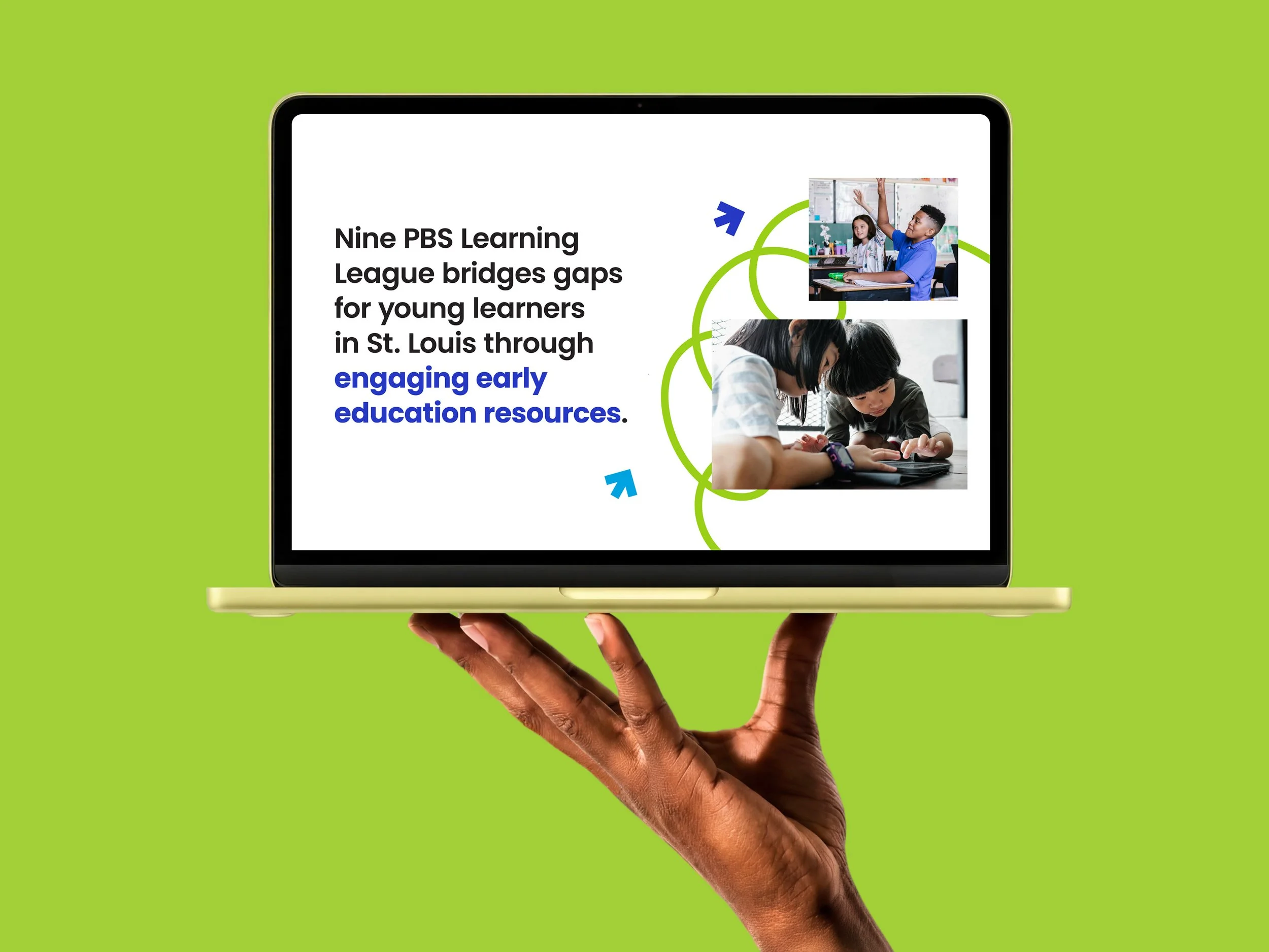 Hand holds a laptop with a images of children in a classroom setting next to type that reads "Nine PBS Learning League bridges gaps for young learners in St. Louis through engaging early education resources."