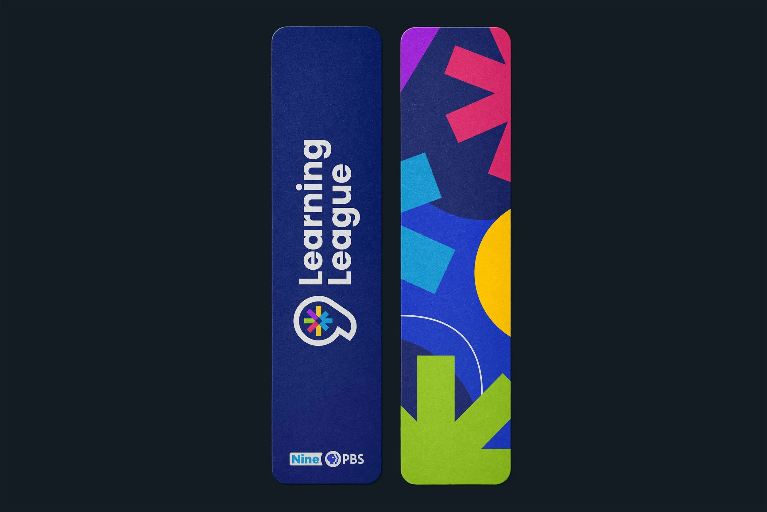 Two bookmarks with the Learning League and Nine PBS logos on one side and abstract shapes on the second