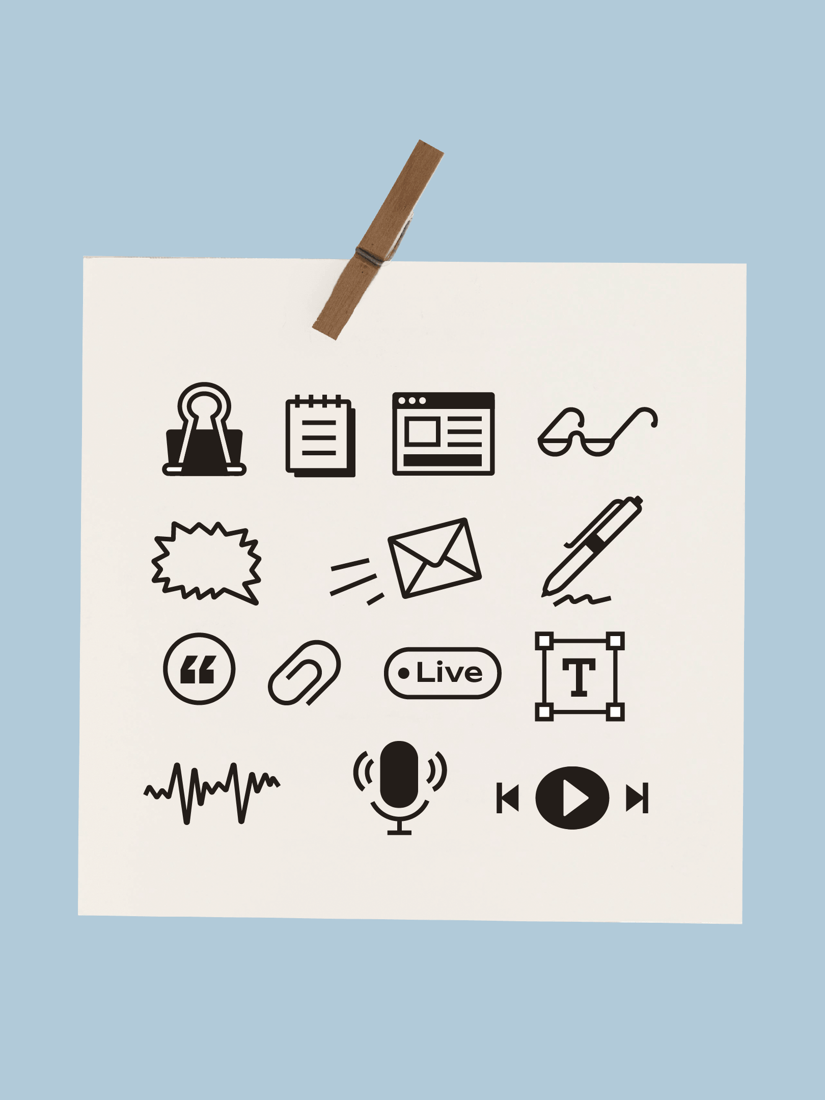 Minimalist, energetic marketing icons on a notepaper held up by a clothespin