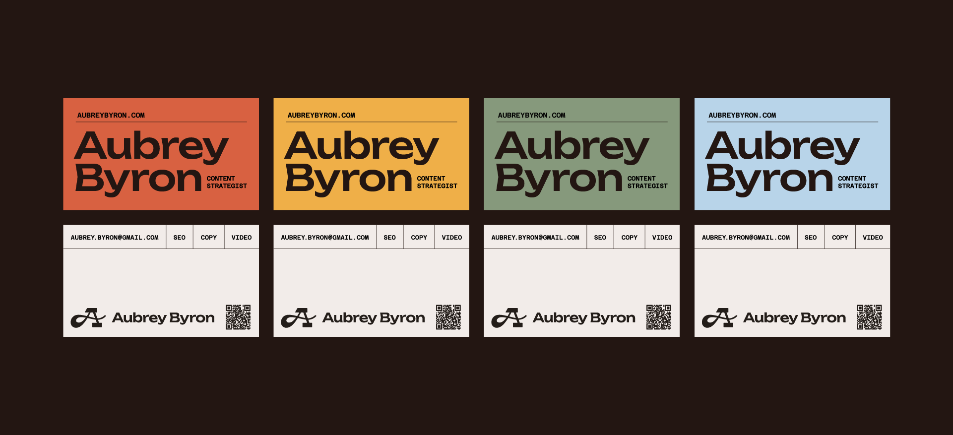 Four business card color variations from Aubrey Byron's brand are shown side-by-side on a black background