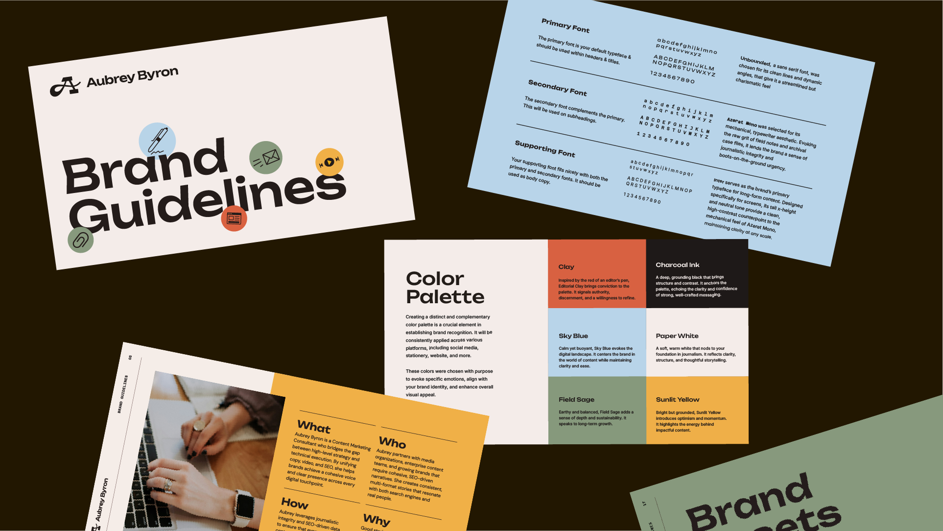 Slides from Aubrey Byron's brand guide are scattered across a black background