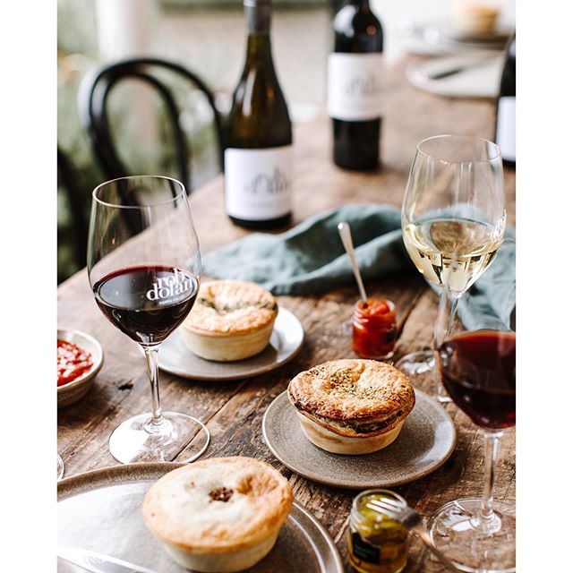 Perfect pie weather. New work for @robdolanwine who are now serving @boscastleau pies with a glass of their wine at the cellar door. 🍷