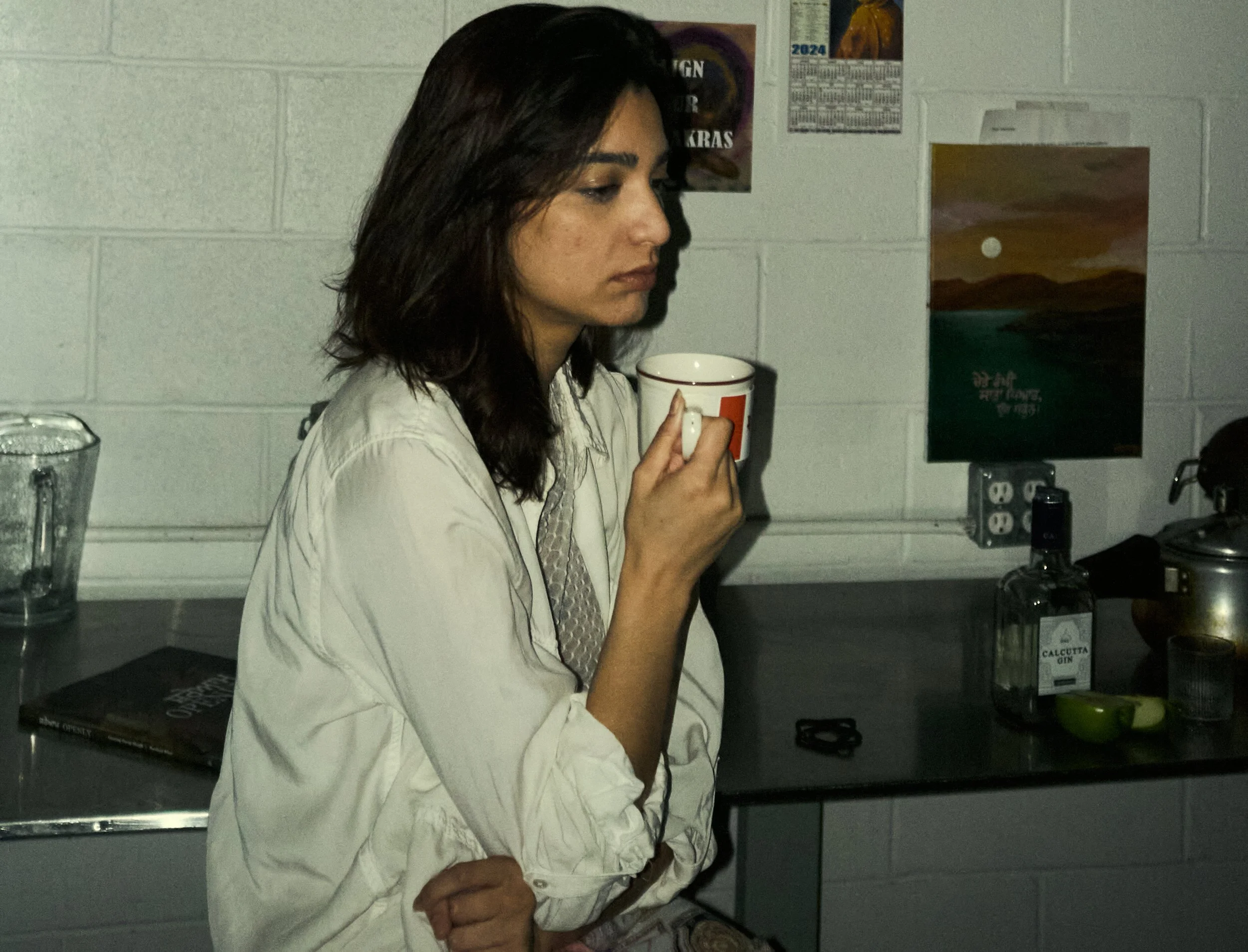 A woman with dark hair holding a white mug with orange writing, standing in a kitchen with a gray countertop, posters on the wall, and various kitchen items.