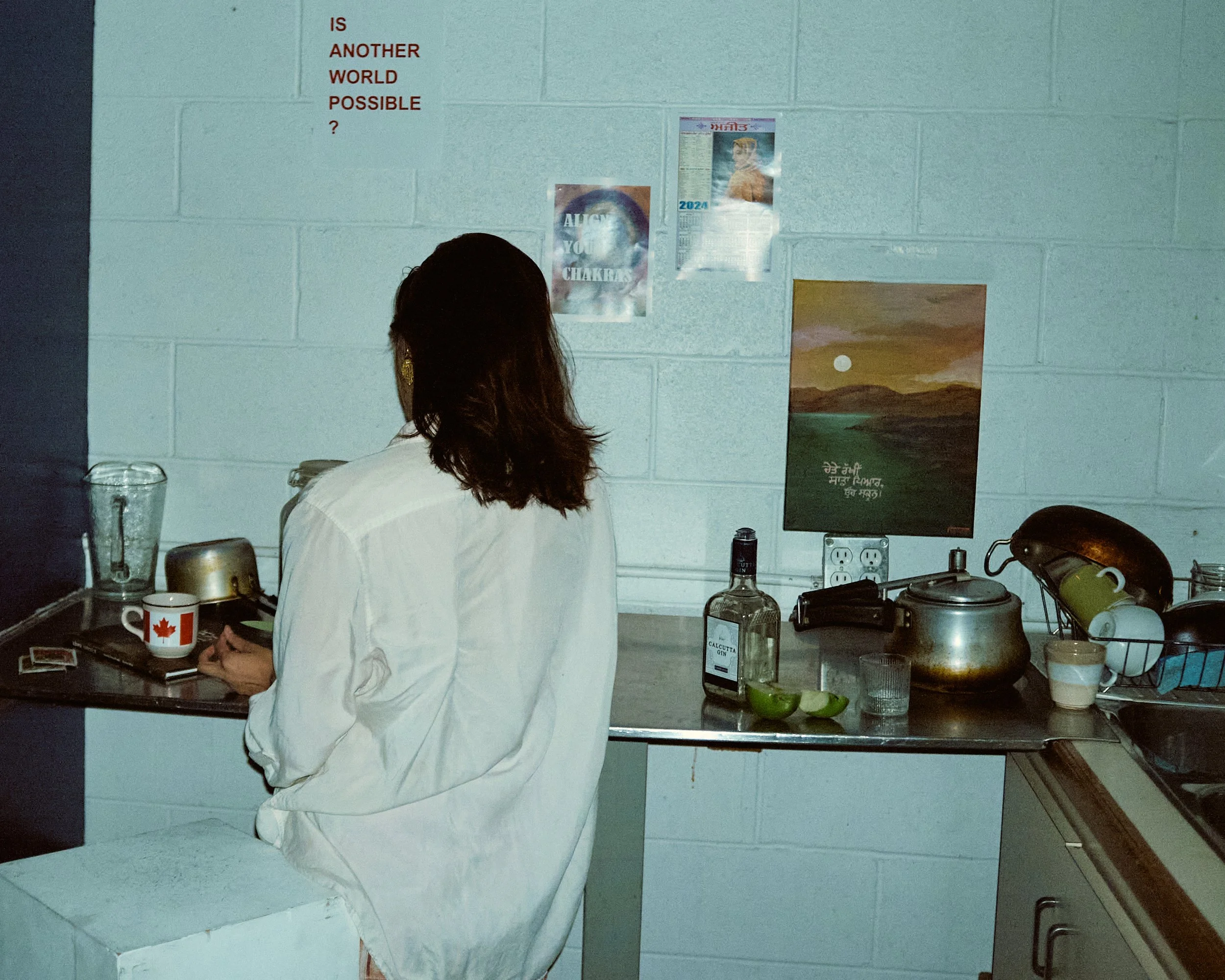 A person with brown hair viewed from behind is sitting at a kitchen counter with various kitchen items, including a Canadian mug, bottles, and fruits. The kitchen has a light gray brick wall decorated with posters and a painting, and there are electr