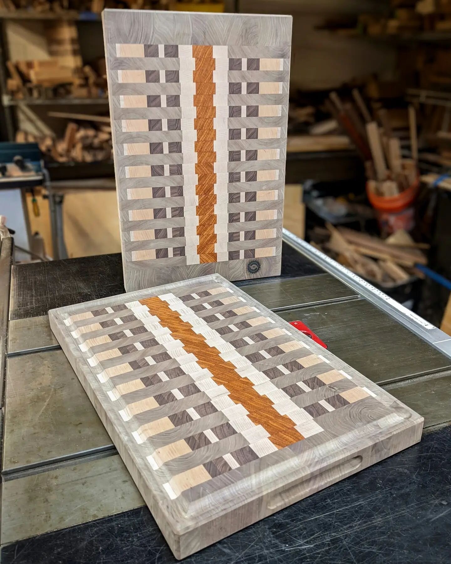 The two &quot;Claiborne&quot; end grain boards all shaped and finish sanded to 320. The woods in these boards are Walnut, Maple, Cherry, Morado, and Padauk.