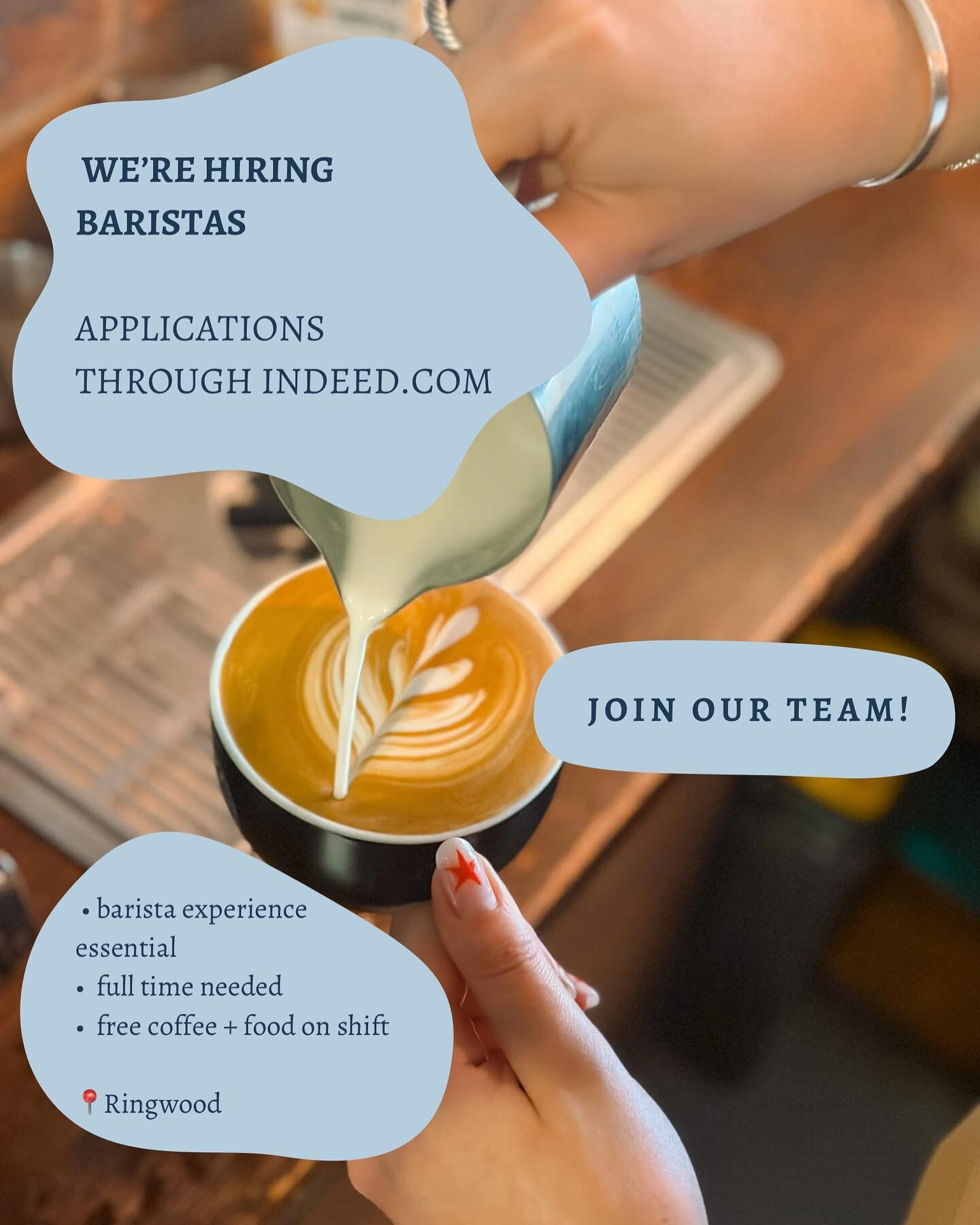 FANCY A CHANGE UP?✌️☕️💙

🙋&zwj;♀️full time barista 
📍ringwood
💖drinks creativity
🥑free food + drinks on shift

applications through indeed.com🙌🙌