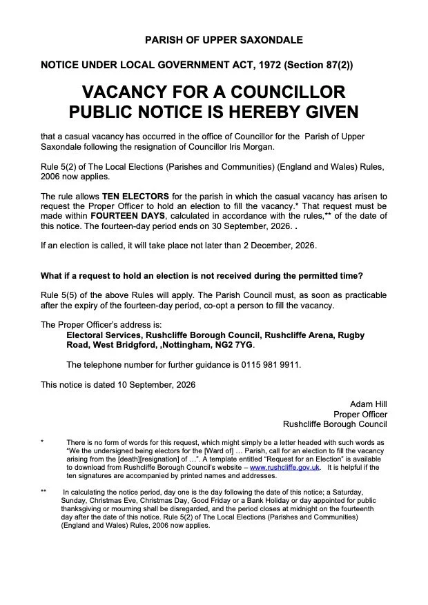 Public notice of Parish Councillor vacancy published September 2026