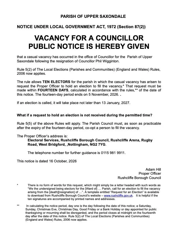 RBC notice of election advertising councillor vacancy October 2026