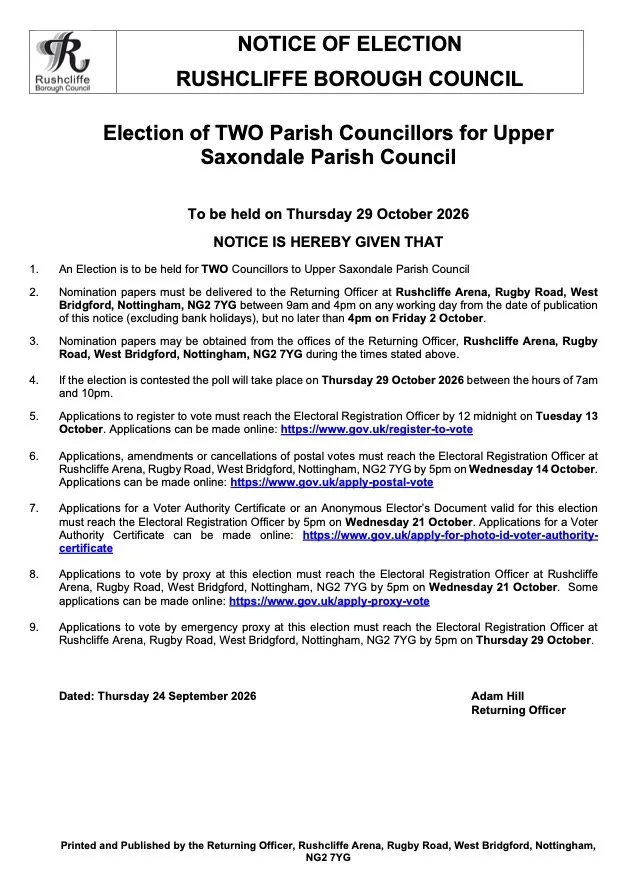 RBC notice of election for councillors vacancies September 2026