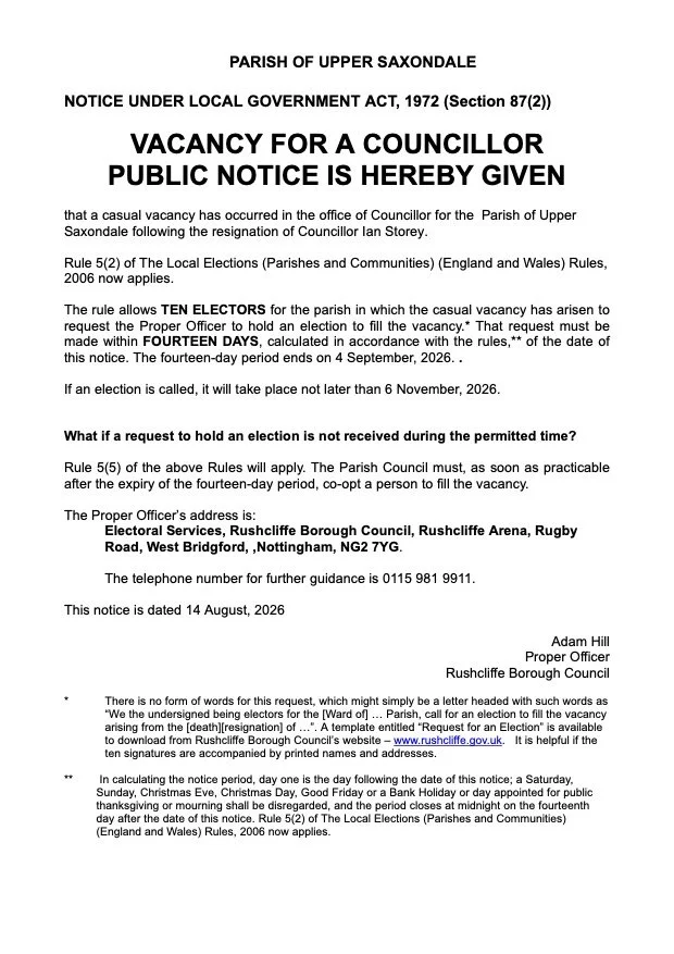 Public notice of Parish Councillor vacancy published August 2026
