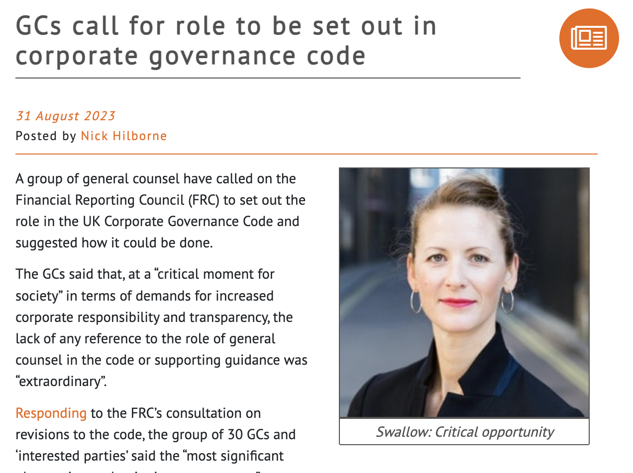PRESS: GCs call for role to be set out in corporate governance code