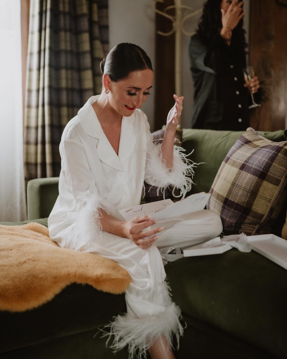 White Silky Satin Feather Pyjamas Arya