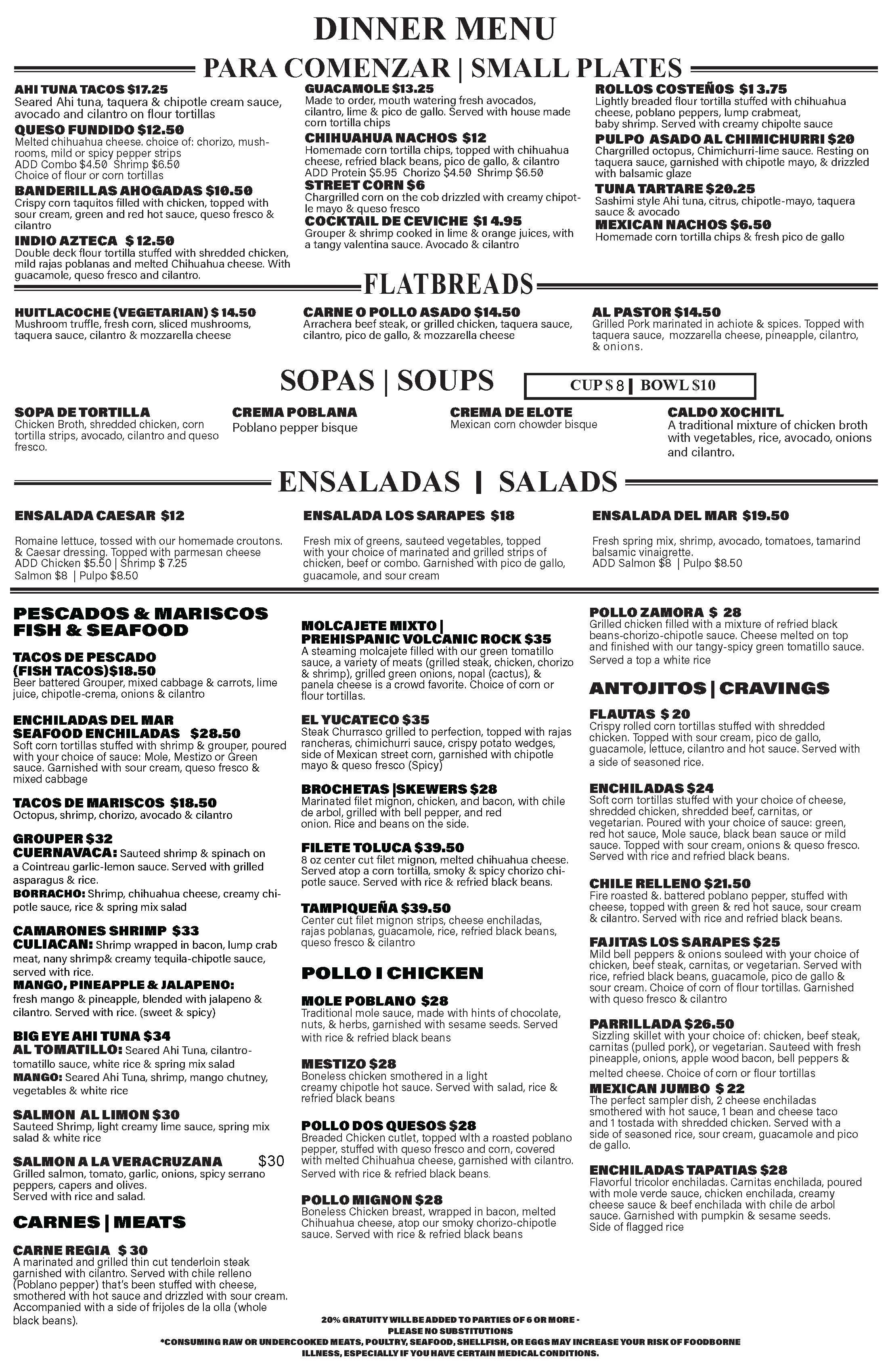 Dinner Menu Los Sarapes Horsham
